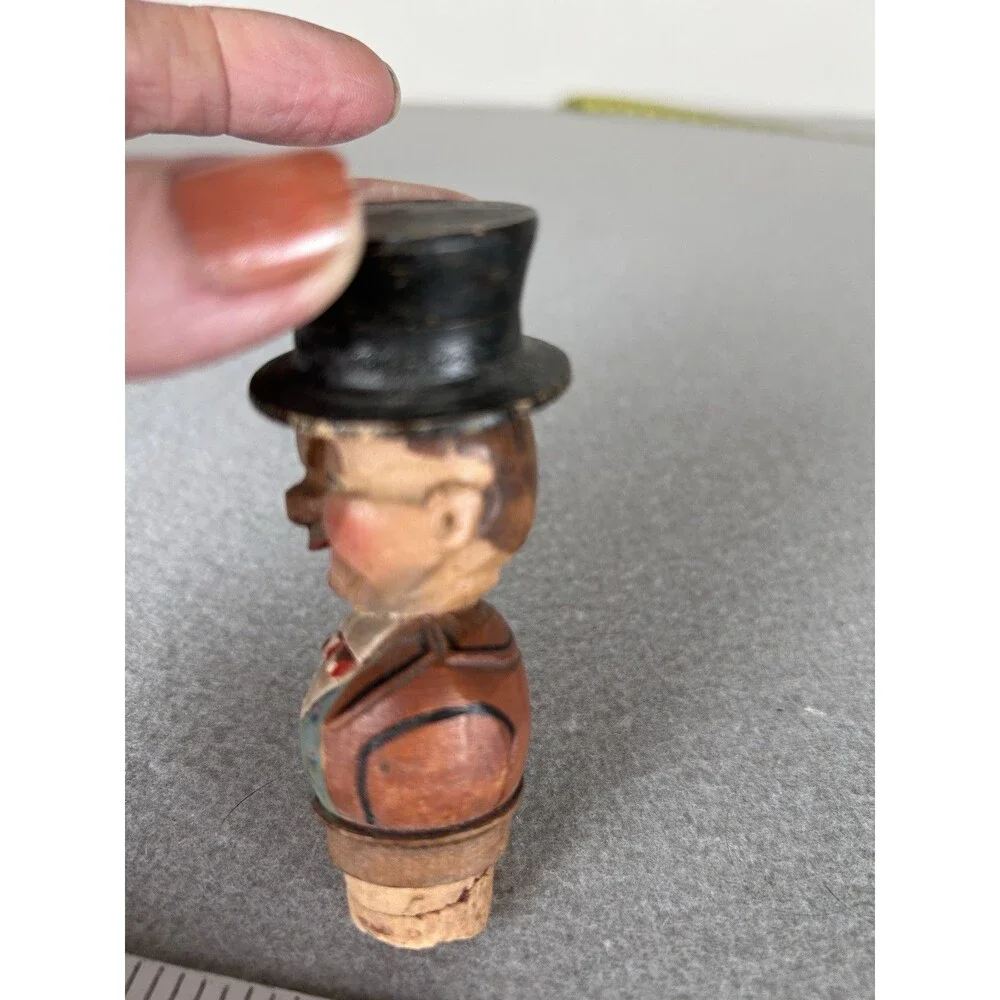 VTG Hand Carved Wood Cork Wine Bottle Stopper Kitschy German Man Bar Ware